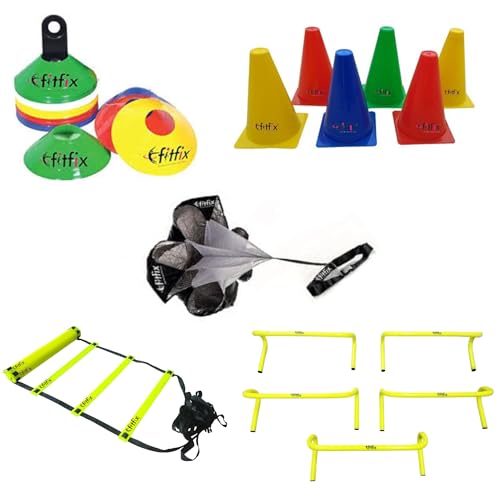 Fitfix® Training Flat Agility Hurdles 6.0 Inches, Qty 5 Pcs.Super Speed Agility Ladder 4 Meter,Sports 6 Inch Cone Marker Pack 06 Pcs,Soccer Cone Markers Pack of 10.Nylon Fabric 40" Speed Chute - Image 1