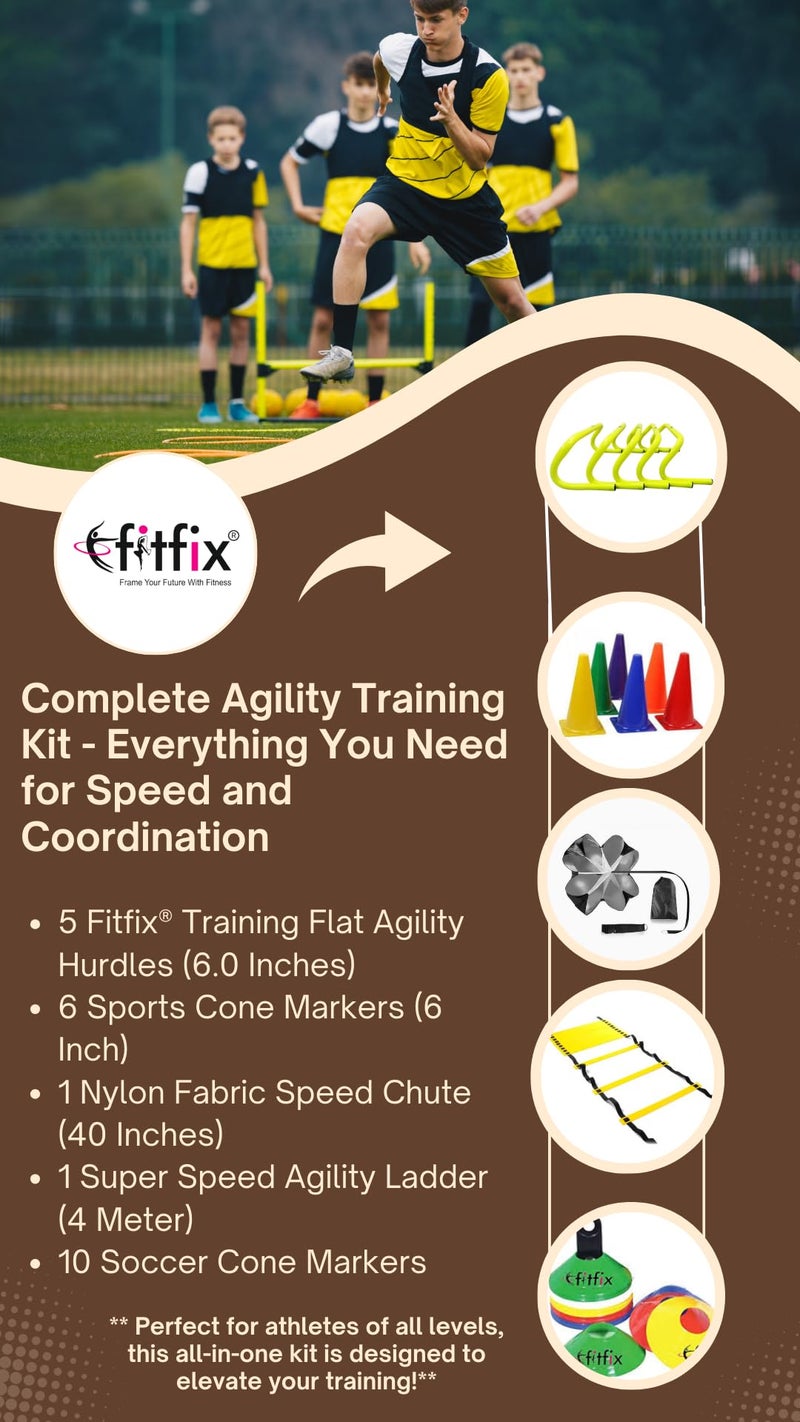 Fitfix® Training Flat Agility Hurdles 6.0 Inches, Qty 5 Pcs.Super Speed Agility Ladder 4 Meter,Sports 6 Inch Cone Marker Pack 06 Pcs,Soccer Cone Markers Pack of 10.Nylon Fabric 40" Speed Chute - Image 2