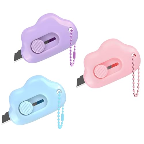 Muclip Cloud Shaped Retractable Box Cutter Set - 3 Pack with Key Rings,Stainless Steel Blade,Safe & Portable Letter Opener for Envelopes,Package,Mail,DIY,Paper Cutter for Home,Office,Outdoor (3 Color) - Image 1