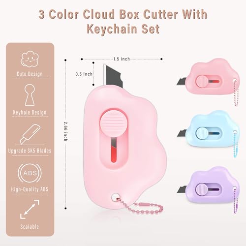 Muclip Cloud Shaped Retractable Box Cutter Set - 3 Pack with Key Rings,Stainless Steel Blade,Safe & Portable Letter Opener for Envelopes,Package,Mail,DIY,Paper Cutter for Home,Office,Outdoor (3 Color) - Image 2