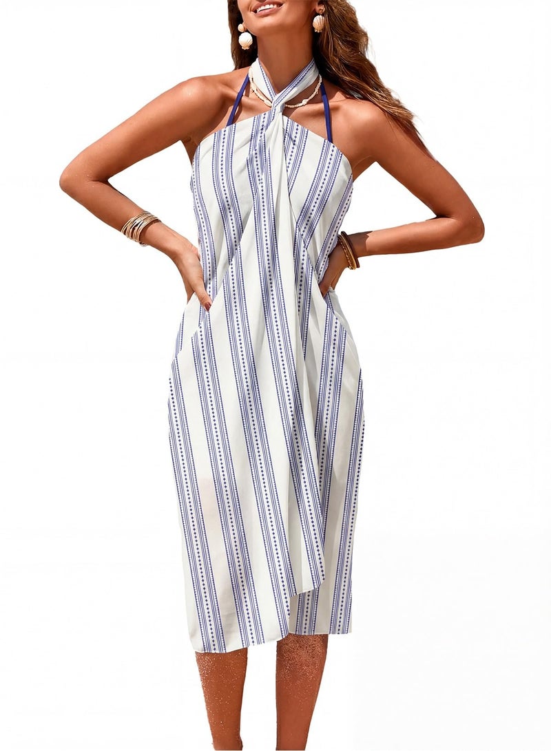 Herseas Women's Swim Cover Up Sheer Sarong High Slit One Size Bathing Suits Coverups 2026 Summer White Blue Stripe Chiffon Wraps Tie Side Chic Swim Suit Cruise Essentials - Image 2