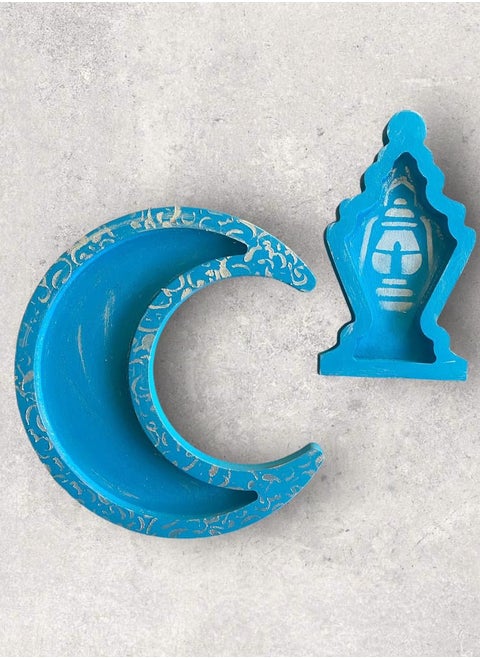 Crescent and Lantern Ramadan Handmade Tray Set for Snacks with Arabic Calligraphy (Blue)