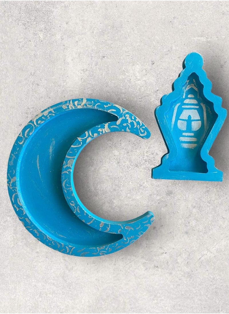 Handmade Crescent and Lantern Ramadan Handmade Tray Set for Snacks with Arabic Calligraphy (Blue)  - Image 1