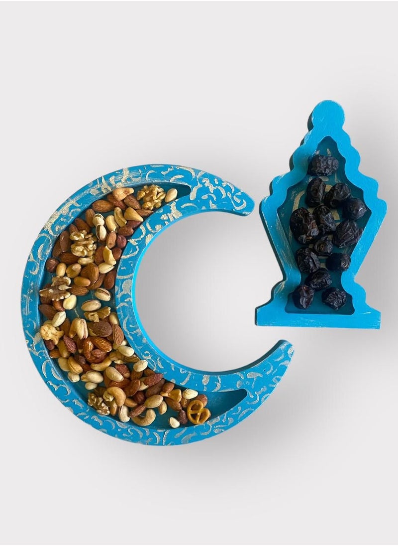 Handmade Crescent and Lantern Ramadan Handmade Tray Set for Snacks with Arabic Calligraphy (Blue)  - Image 2