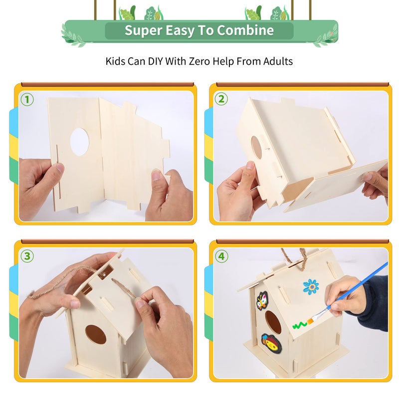 ILHSTY 12 Pack Large DIY Bird Houses Kits for Kids, Kids Craft Kits Wood Houses for DIY Crafts Class Party, 12 Birdhouse Kits with 12 Paint Strips & Paintbrushes & Stickers for Children to Build & Paint (12) - Image 4