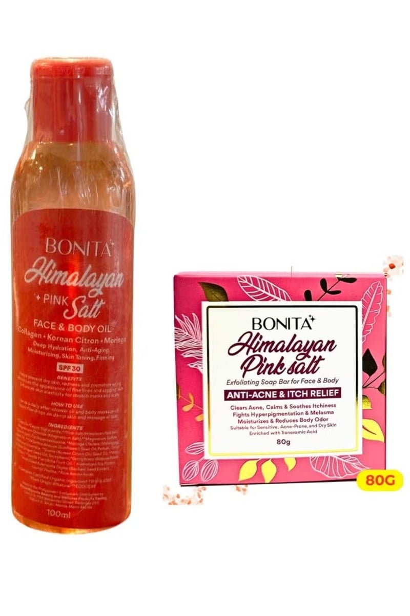 بونيتا زيت ملح الهيمالايا الوردي للوجه والجسم بعامل حماية من الشمس 30 - 100 مل وصابون ملح الهيمالايا الوردي 80 جرام - Image 2