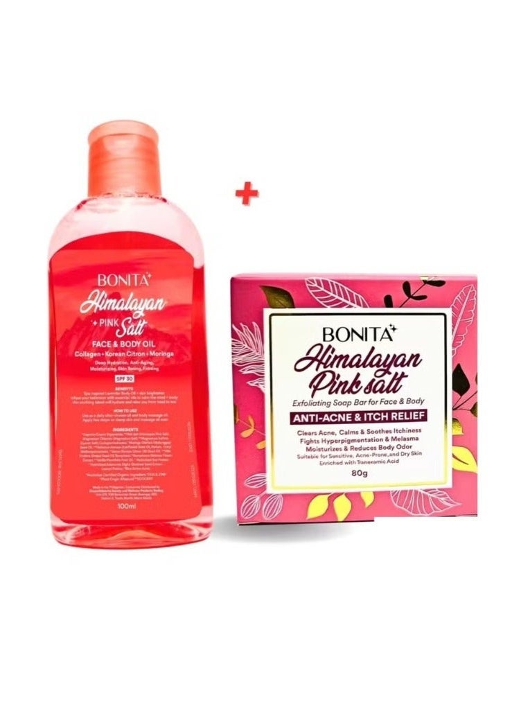 بونيتا زيت ملح الهيمالايا الوردي للوجه والجسم بعامل حماية من الشمس 30 - 100 مل وصابون ملح الهيمالايا الوردي 80 جرام - Image 1