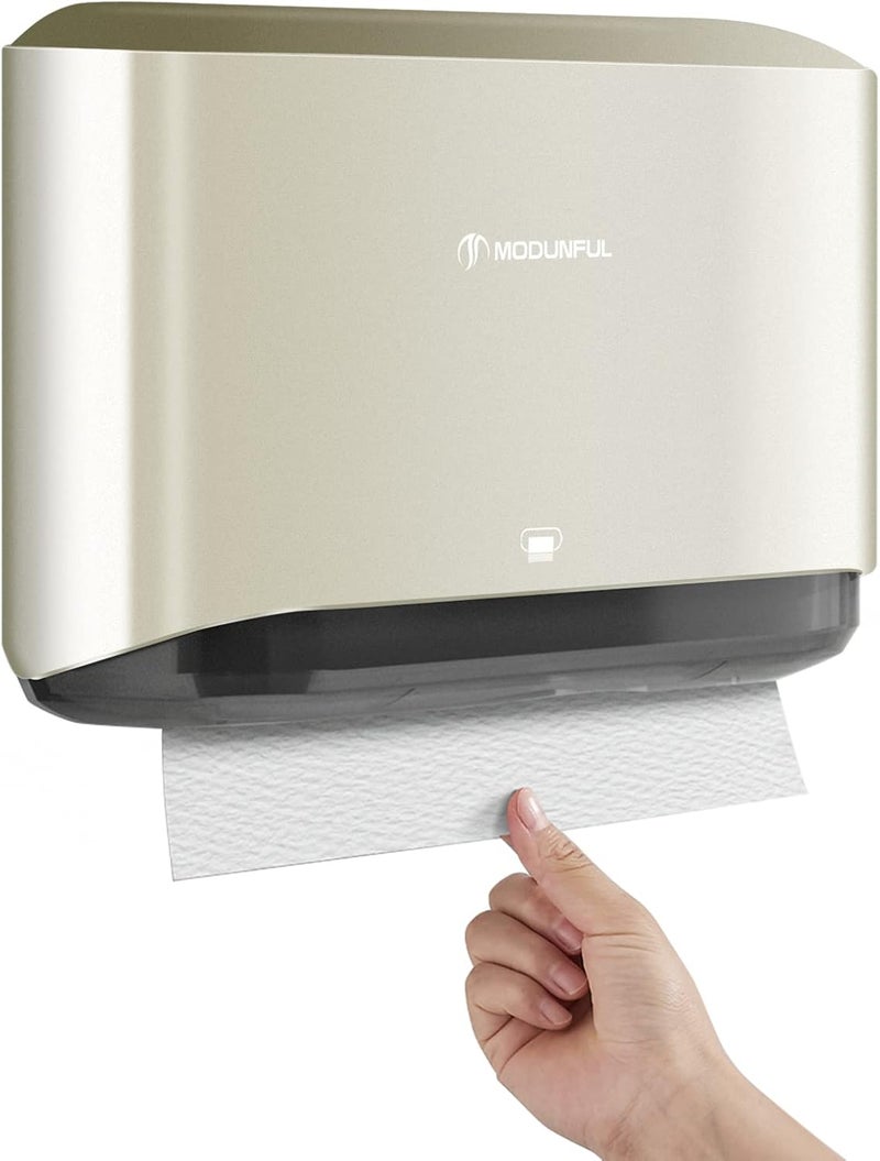 modunful C-Fold Paper Towel Dispenser for Bathroom: Compact 200 Sheets Large Capacity for Multifold Hand Towel, No-Hole Installation Adhesive Paper Towel Holder Wall Mount - Gold - Image 1
