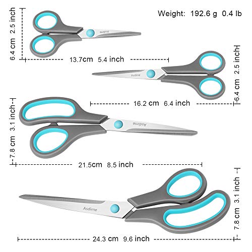 Asdirne Scissors Set of 4, Premium Stainless Steel Razor Blades, Ergonomic Semi-Soft Rubber Grip, Suitable for School, Office and Family Daily Use, 9.6''/8.5''/6.4"/5.4", Blue&Gray - Image 3
