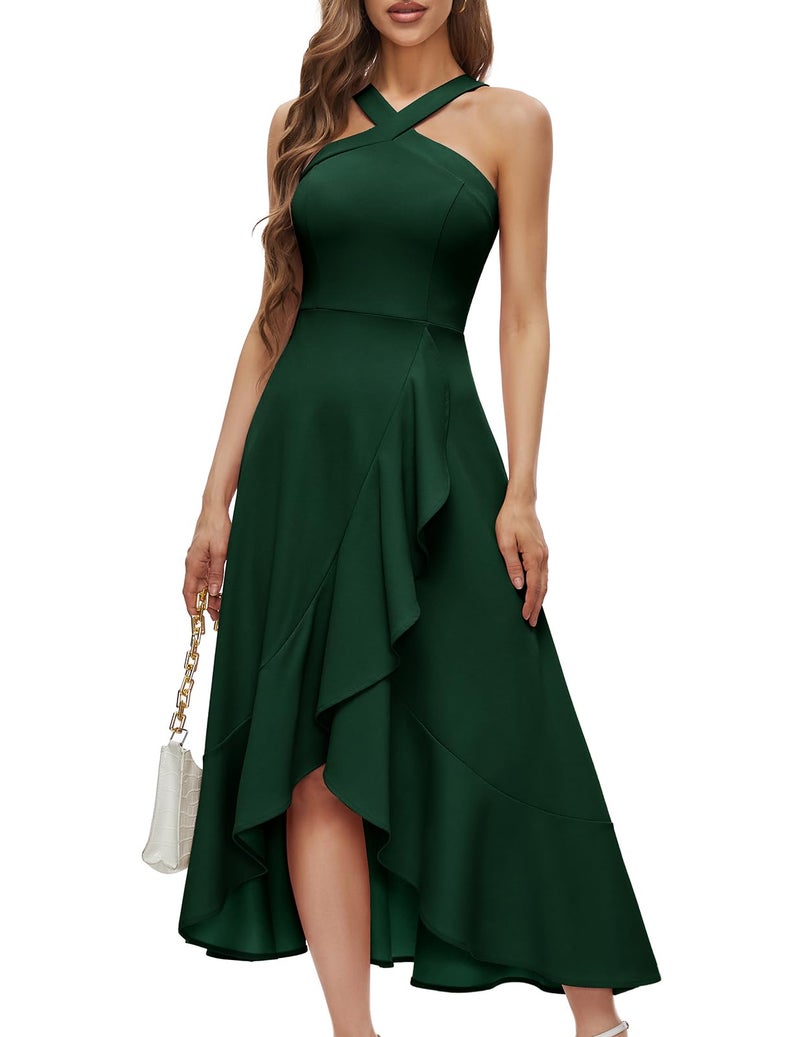 Bbonlinedress Green Halter Cocktail Formal Wedding Guest Dress Women Evening Party Prom Ruffled Maxi Hi-Lo Dress Dark Green L - Image 1
