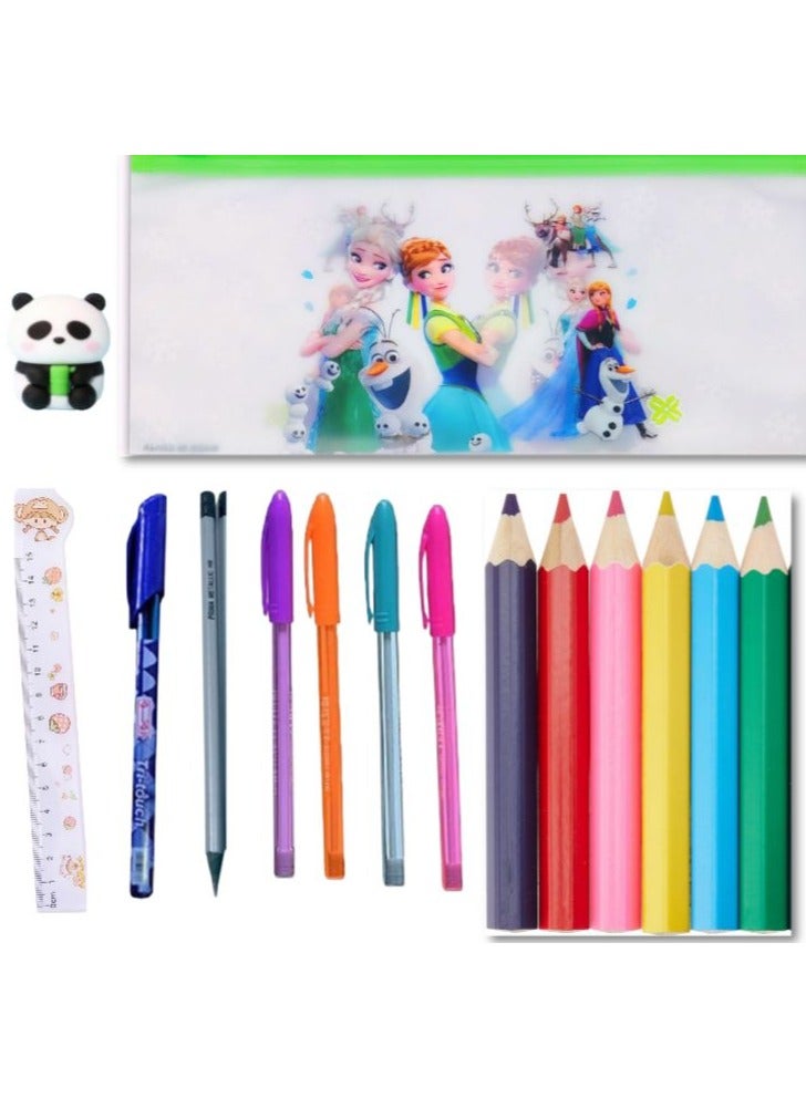 مجموعة أدوات مدرسية مكونة من 15 قطعة  ( مقلمة بناتي بسوستة + 4 الوان فسفوري + 6 الوان خشب + قلم رصاص + استيكة وبرايا اشكال  + قلم جاف + مسطرة 15 سم) - Image 1