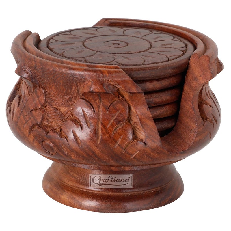 Craftland Wooden Handmade Carved Set of 6 with Decorative Holder Tabletop Coasters for Tea Coffee Cups Mugs Beer Cans Bar Glass Indian Handicrafts - Image 1