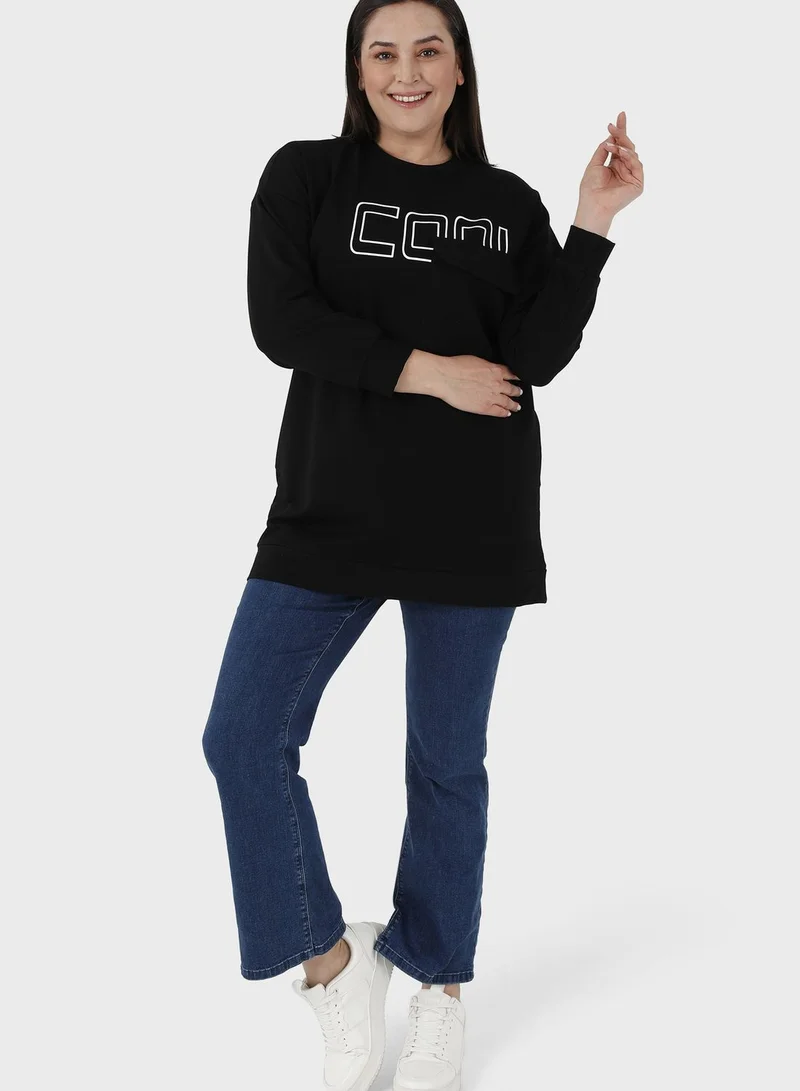 Alia by modanisa Round Neck Printed Sweatshirt