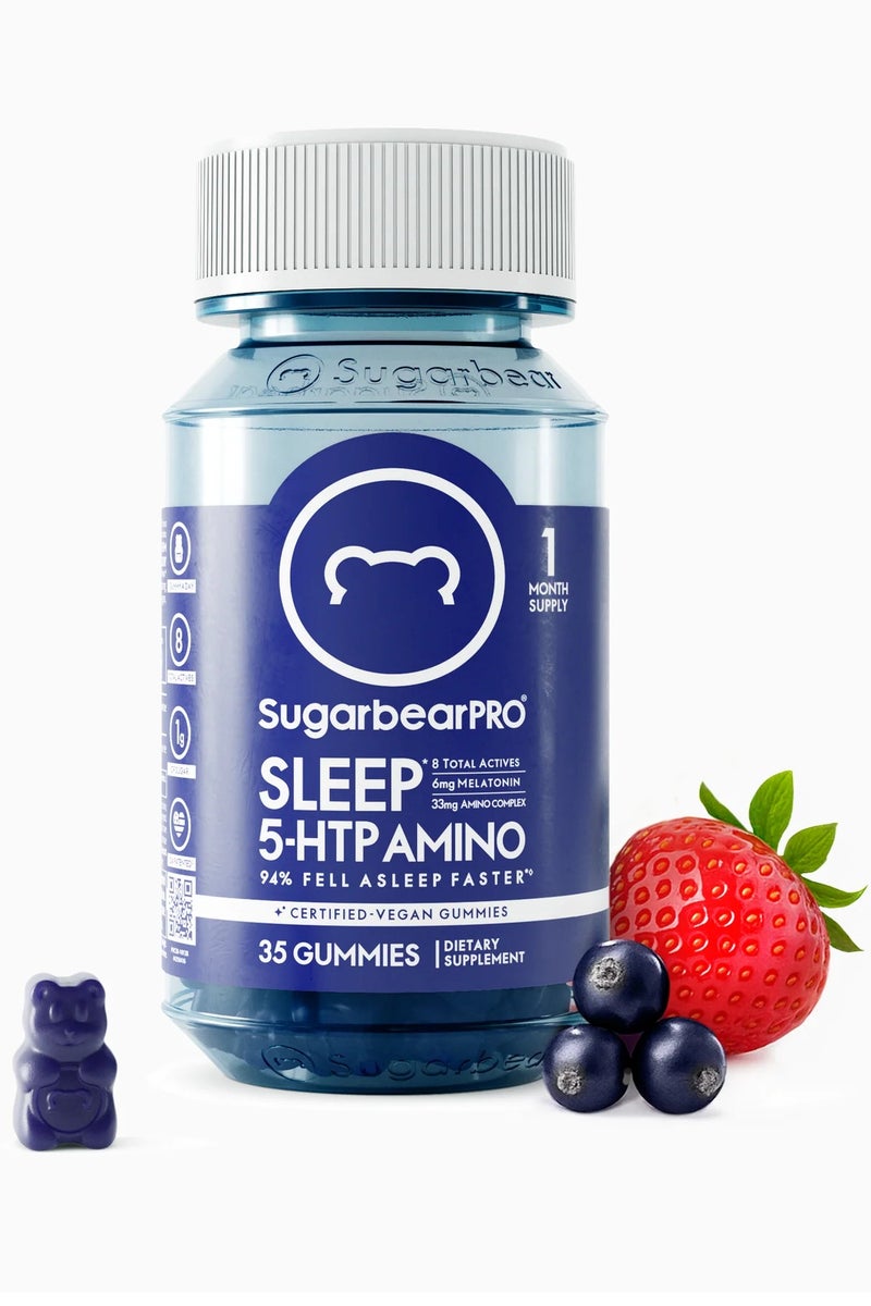 SugarbearPRO حلوى النوم 1 شهر إمداد، ميلاتونين قوي 6 ملغ، للرجال والنساء، فيتامين ب6 نباتي، إل-ثيانين، 5 إتش تي بي، فاليريان، مساعد نوم للبالغين والمراهقين، معتمد كوشير 35 حلوى - Image 1