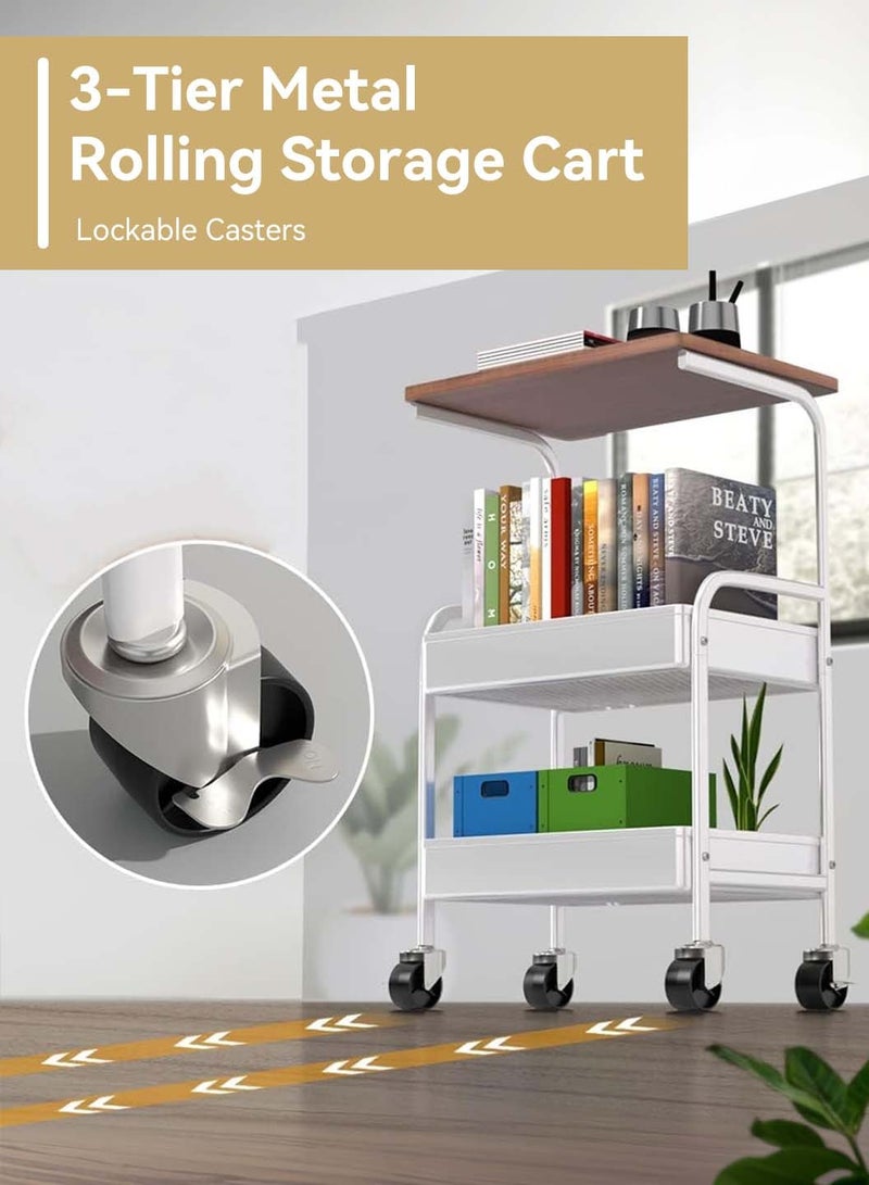 ليوكور عربة أدوات متعددة الاستخدامات قابلة للدوران مع سطح طاولة خشبي، عربة قابلة للدوران متعددة الاستخدامات ذات 3 طبقات مع عجلات قابلة للقفل للاستخدام في المطبخ والمكتب والحمام، عربة بيضاء - Image 4