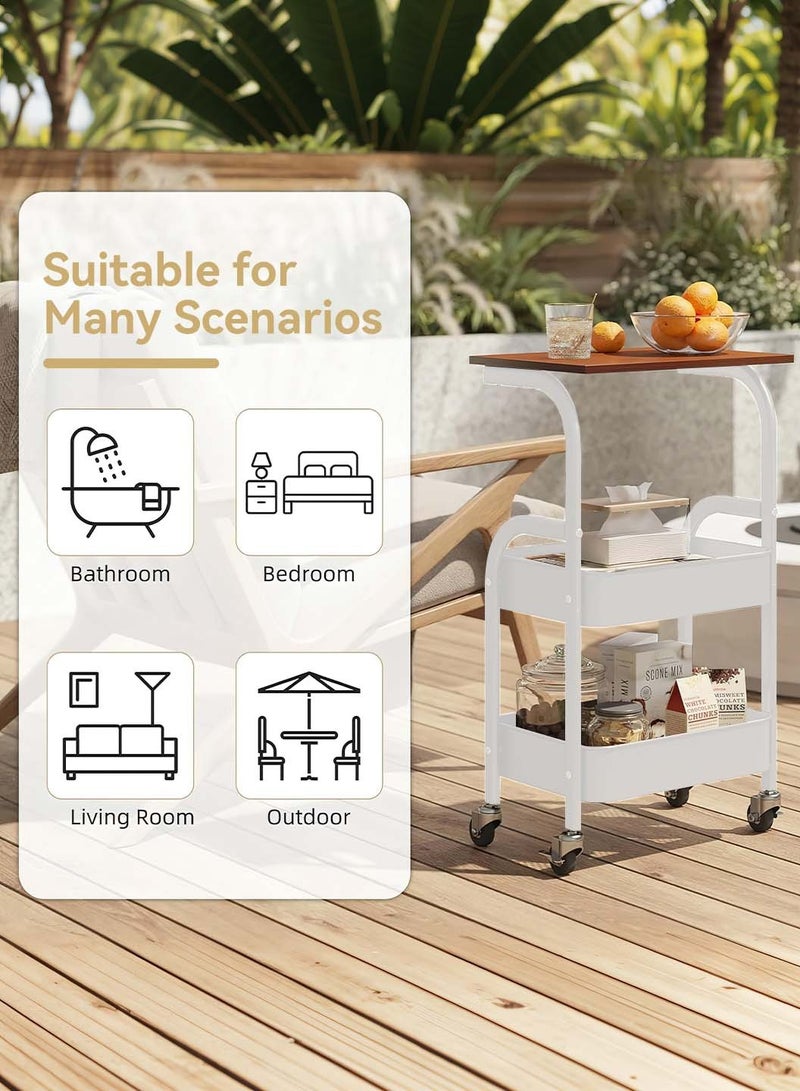 ليوكور عربة أدوات متعددة الاستخدامات قابلة للدوران مع سطح طاولة خشبي، عربة قابلة للدوران متعددة الاستخدامات ذات 3 طبقات مع عجلات قابلة للقفل للاستخدام في المطبخ والمكتب والحمام، عربة بيضاء - Image 3