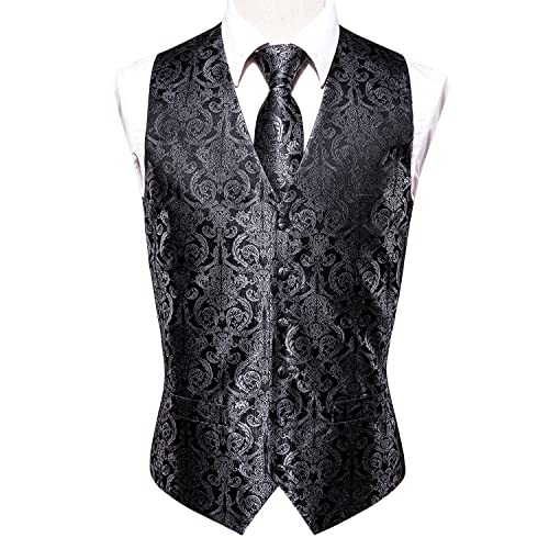 Hi-Tie Black and Silver Flower Vests and Tie Set for Men Silk Suit Vest Jacquard Formal Dress Waistcoat for Tuxedo Wedding Party Business - Image 5