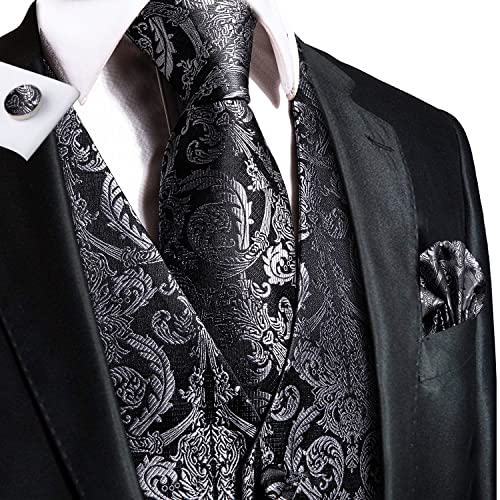 Hi-Tie Black and Silver Flower Vests and Tie Set for Men Silk Suit Vest Jacquard Formal Dress Waistcoat for Tuxedo Wedding Party Business - Image 2