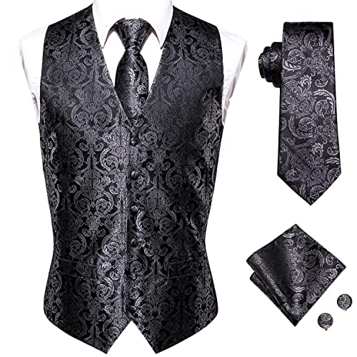 Hi-Tie Black and Silver Flower Vests and Tie Set for Men Silk Suit Vest Jacquard Formal Dress Waistcoat for Tuxedo Wedding Party Business - Image 1