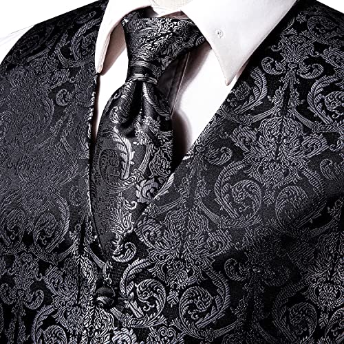 Hi-Tie Black and Silver Flower Vests and Tie Set for Men Silk Suit Vest Jacquard Formal Dress Waistcoat for Tuxedo Wedding Party Business - Image 3