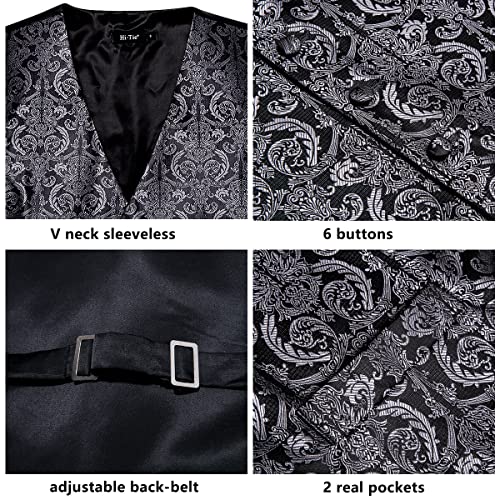 Hi-Tie Black and Silver Flower Vests and Tie Set for Men Silk Suit Vest Jacquard Formal Dress Waistcoat for Tuxedo Wedding Party Business - Image 4