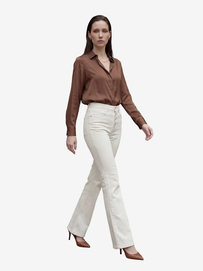 MY FASHION Cream Natural MY FASHION High Waist Flare Leg Denim Pants for Women | Best Price UAE