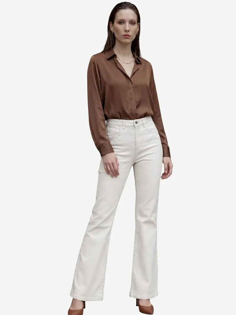 My Fashion Cream Natural MY FASHION High Waist Flare Leg Denim Pants for Women | Best Price UAE