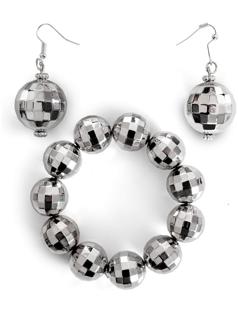 Vintage Disco Ball Jewelry Set Silver Mirror Balls Bracelet and Earrings Dance Party Accessories for Women and Girls - Image 1