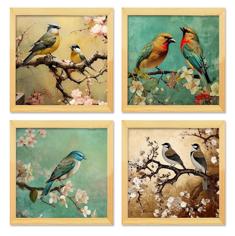 Rousrie Floral Birds Theme Wall Art, Beautiful Artwork Frame Prints, Textured Posters for Living Room, Bedroom, Home Decor (Wooden- Design 2) - Image 1