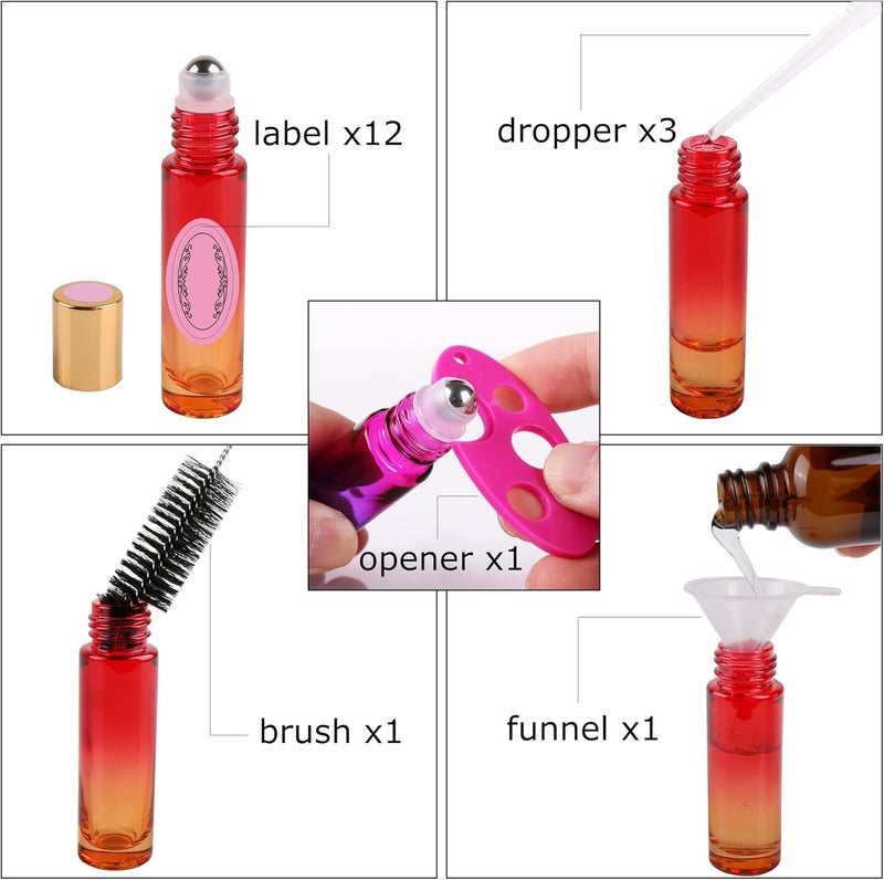 inice 12 Pack,Roller Bottles Gradient Color Glass Bottle for Essential Oils Applicator,10ml Roll on Bottle with Golden Metal Cap for Daily Care - Image 3