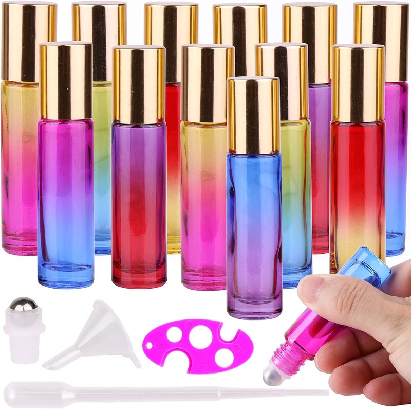 inice 12 Pack,Roller Bottles Gradient Color Glass Bottle for Essential Oils Applicator,10ml Roll on Bottle with Golden Metal Cap for Daily Care - Image 1