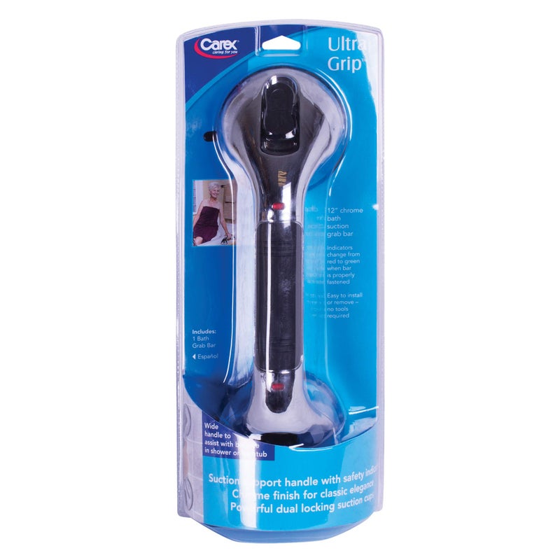 CAREX Ultra Grip Shower Grab Bar - Shower Handle and Bathroom Bar - 12 Inch Safety Bar With Dual Locking Suction Cups For Bathtubs and Showers, Chrome - Image 3