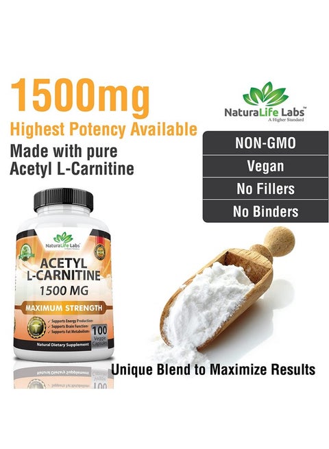 NaturaLife Labs Acetyl Lcarnitine 1500 Mg High Potency Supports Natural Energy Production Supports Memory/Focus 100 Veggie Capsules | Best Price Bahrain | Manama, Riffa NaturaLife Labs Acetyl Lcarnitine 1500 Mg High Potency Supports Natural Energy Production Supports Memory/Focus 100 Veggie Capsules | Best Price Bahrain | Manama, Riffa