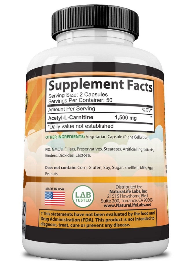 NaturaLife Labs Acetyl Lcarnitine 1500 Mg High Potency Supports Natural Energy Production Supports Memory/Focus 100 Veggie Capsules - Image 5