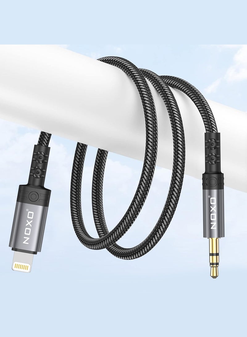 NOXO AUX-N-2 3.5mm to Lightning Cable – Audio & Charging Cable for iPhone (Braided, iOS Compatible, Gold-Plated) - Grey - Image 1