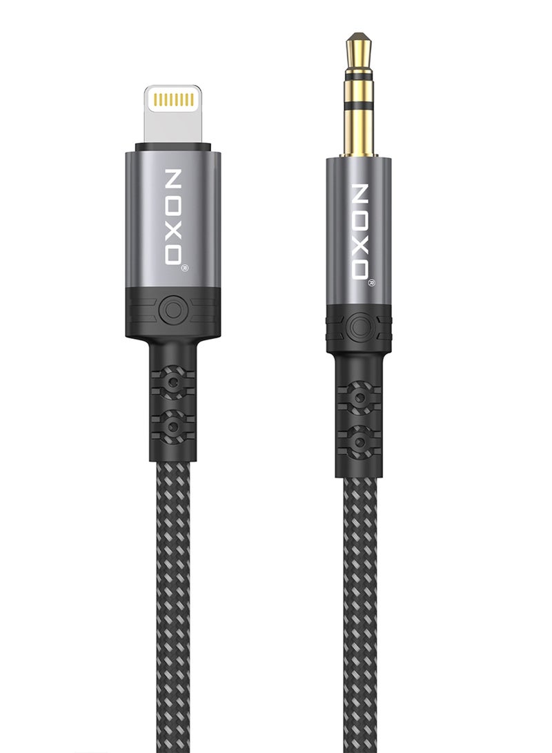 NOXO AUX-N-2 3.5mm to Lightning Cable – Audio & Charging Cable for iPhone (Braided, iOS Compatible, Gold-Plated) - Grey - Image 2