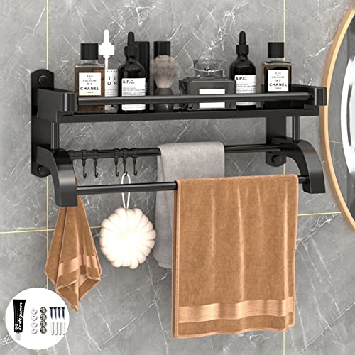 wolpin Stainless Steel Wall Shelves with Towel Hanger & Hooks Multipurpose Wall Mount Bathroom Storage Rack Box Strong Bathroom Accessories Rack Shelf, Set of 1, Black - Image 1