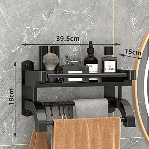 wolpin Stainless Steel Wall Shelves with Towel Hanger & Hooks Multipurpose Wall Mount Bathroom Storage Rack Box Strong Bathroom Accessories Rack Shelf, Set of 1, Black - Image 2