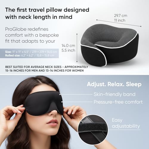 Proglobe Travel Neck Pillow 100% Memory Foam – Airplane & Car Travel Essentials Kit with 3D Eye Mask, Earplugs & Mesh Bag – Sleeping Support Pillow for Adults (Dark Grey) - Image 3