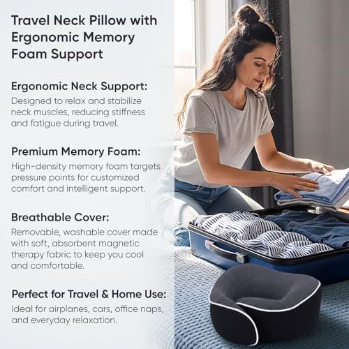 Proglobe Travel Neck Pillow 100% Memory Foam – Airplane & Car Travel Essentials Kit with 3D Eye Mask, Earplugs & Mesh Bag – Sleeping Support Pillow for Adults (Dark Grey) - Image 5