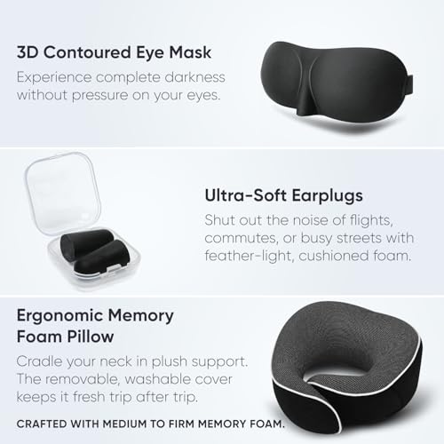 Proglobe Travel Neck Pillow 100% Memory Foam – Airplane & Car Travel Essentials Kit with 3D Eye Mask, Earplugs & Mesh Bag – Sleeping Support Pillow for Adults (Dark Grey) - Image 2