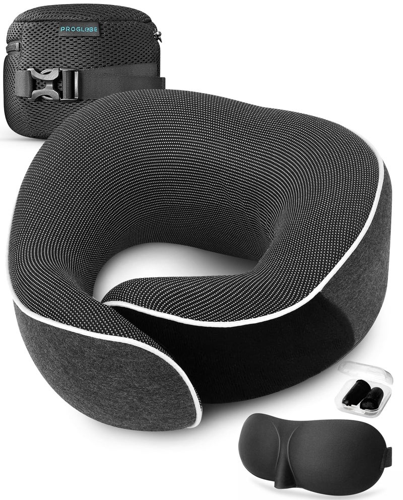 Proglobe Travel Neck Pillow 100% Memory Foam – Airplane & Car Travel Essentials Kit with 3D Eye Mask, Earplugs & Mesh Bag – Sleeping Support Pillow for Adults (Dark Grey) - Image 1