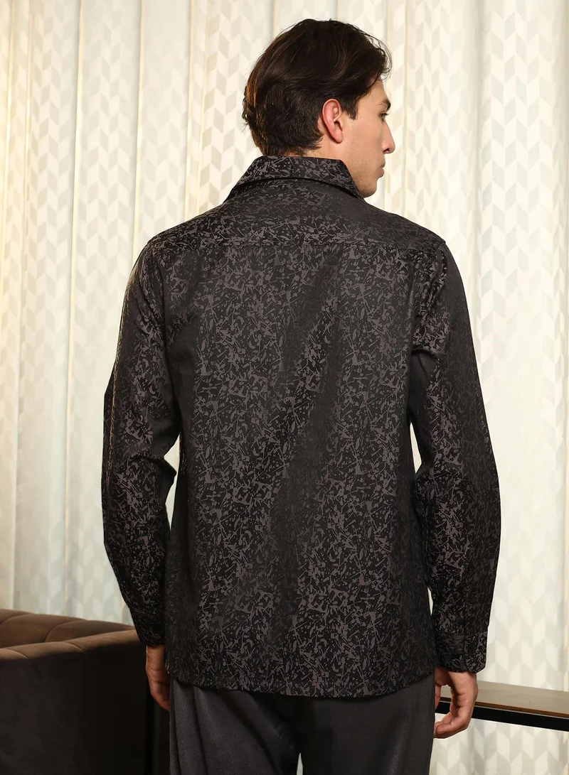 Campus Sutra Campus Sutra Men's Midnight Black Splatter-Jacquard Shirt | Slim Fit Long Sleeve Point Collar Abstract Pattern | Cotton Blend & Breathable Fabric For Casual & Formal Wear