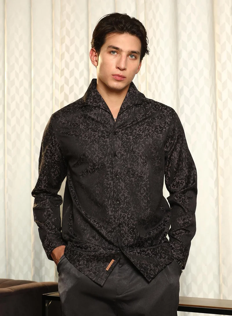 Campus Sutra Campus Sutra Men's Midnight Black Splatter-Jacquard Shirt | Slim Fit Long Sleeve Point Collar Abstract Pattern | Cotton Blend & Breathable Fabric For Casual & Formal Wear