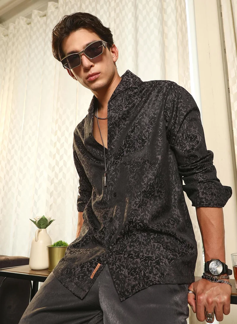 Campus Sutra Campus Sutra Men's Midnight Black Splatter-Jacquard Shirt | Slim Fit Long Sleeve Point Collar Abstract Pattern | Cotton Blend & Breathable Fabric For Casual & Formal Wear
