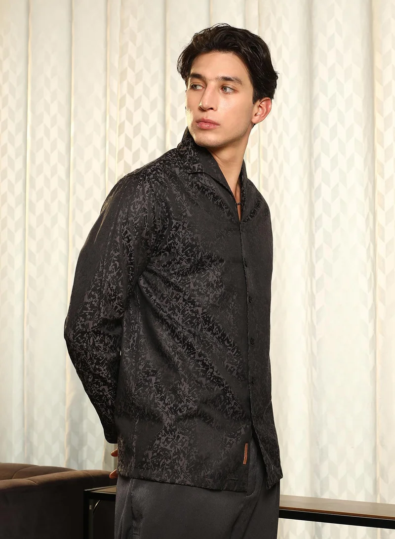 Campus Sutra Campus Sutra Men's Midnight Black Splatter-Jacquard Shirt | Slim Fit Long Sleeve Point Collar Abstract Pattern | Cotton Blend & Breathable Fabric For Casual & Formal Wear
