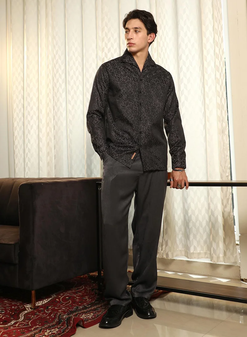 Campus Sutra Campus Sutra Men's Midnight Black Splatter-Jacquard Shirt | Slim Fit Long Sleeve Point Collar Abstract Pattern | Cotton Blend & Breathable Fabric For Casual & Formal Wear