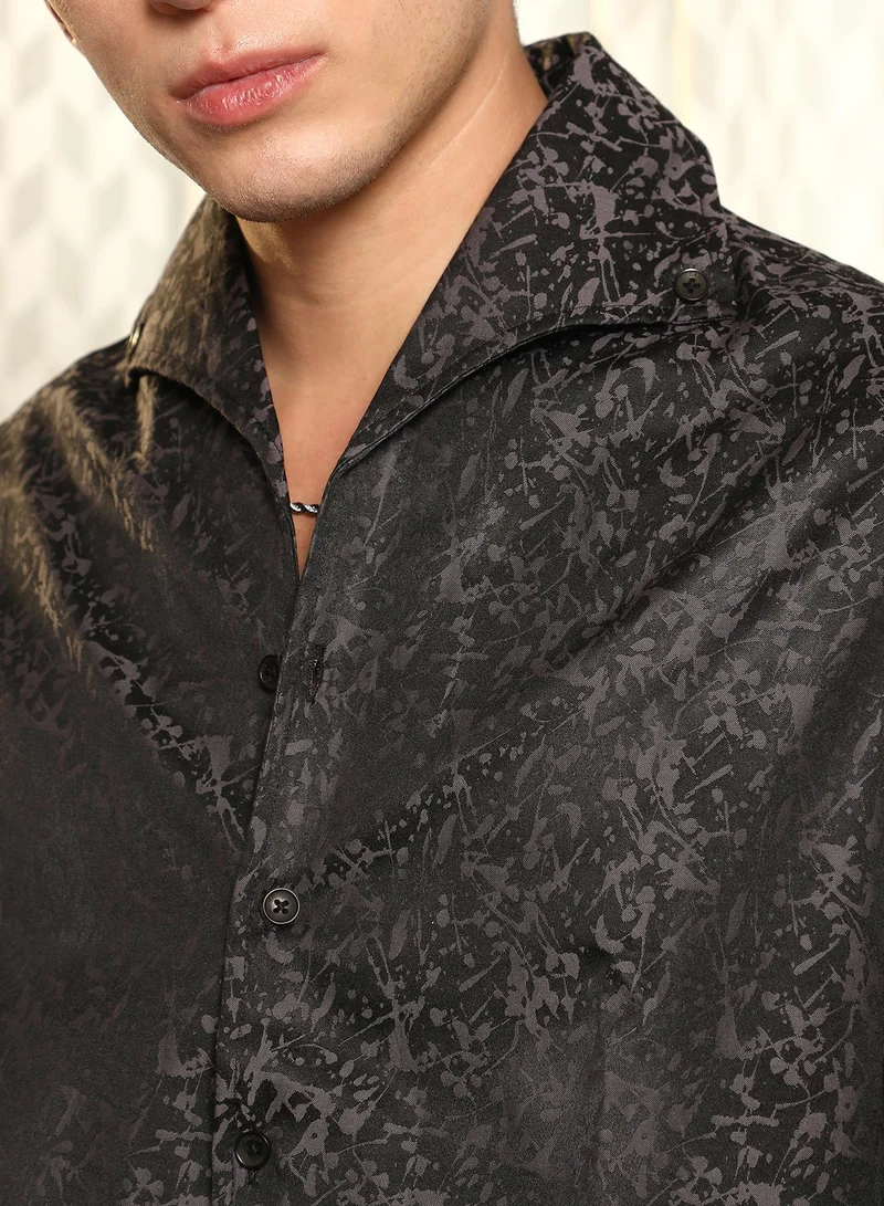 Campus Sutra Campus Sutra Men's Midnight Black Splatter-Jacquard Shirt | Slim Fit Long Sleeve Point Collar Abstract Pattern | Cotton Blend & Breathable Fabric For Casual & Formal Wear