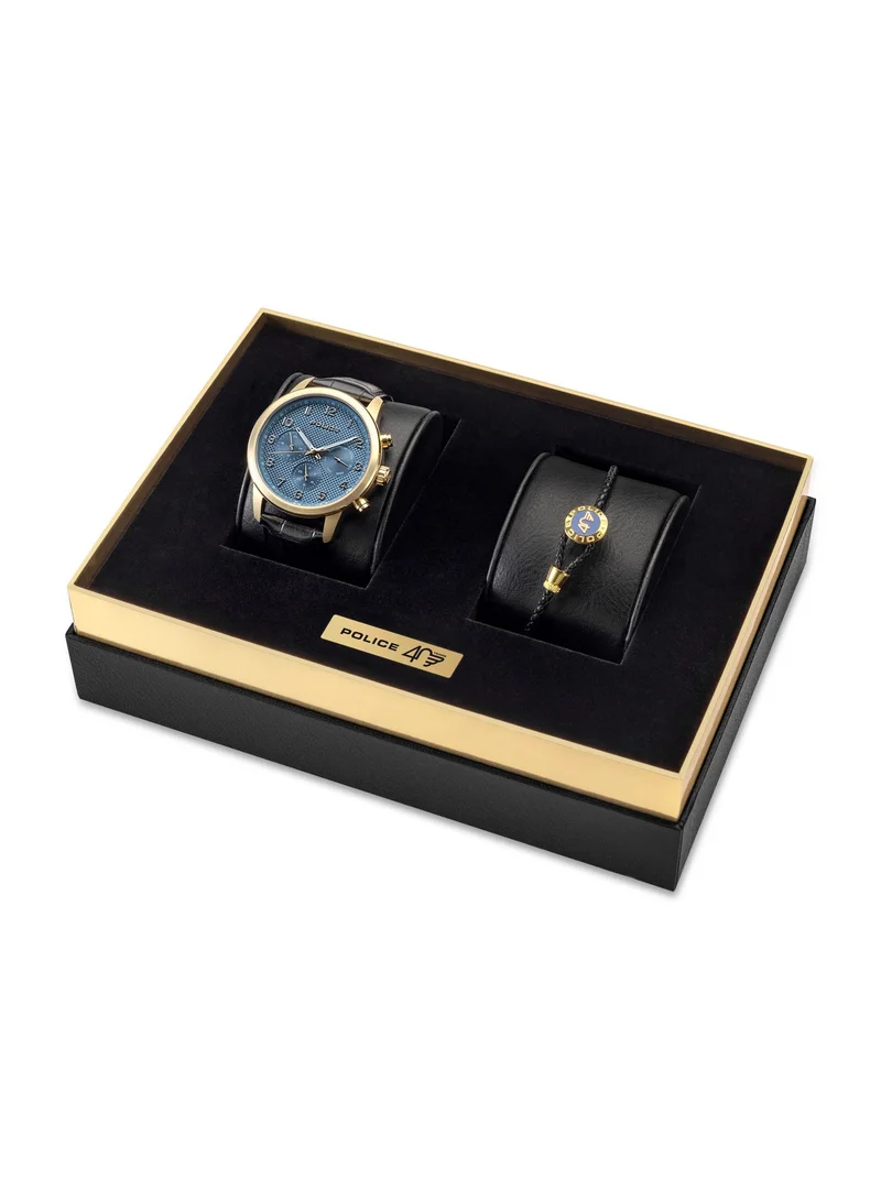 POLICE Raho Blue Dial Black Leather Strap Watch and Black Leather Bracelet Set for Men  Men 44mm