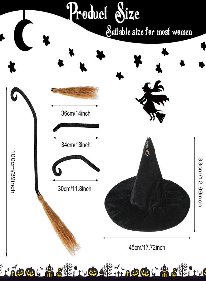 Liitrsh 2 Pcs Halloween Witch Hat and Broom Set for Women Black Lolita Halloween Witch Hat Lolita Star Wizard Hats Realistic Broomstick Props for Cosplay Party Costume - Image 2